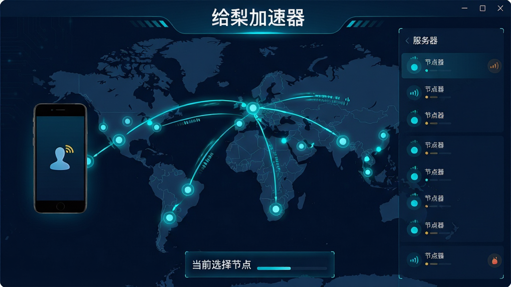 主体:给梨加速器软件运行时的网络节点选择界面,世界地图上分布着多个发光节点,线条连接用户手机与最优服务器。 布局:左侧为手机设备图标,右侧为服务器节点列表,地图作为背景铺满整个画面。 排版:界面顶部有“给梨加速器”字样,中部为地图与连接线,底部为当前选择的节点信息。 风格:科技感UI设计,深蓝色背景,节点与线条采用亮青色发光效果。 细节:地图上的节点有信号强度指示,连接线有动态数据传输效果,界面文字清晰。 画质:高清,渲染精细,干净,无多余元素。
