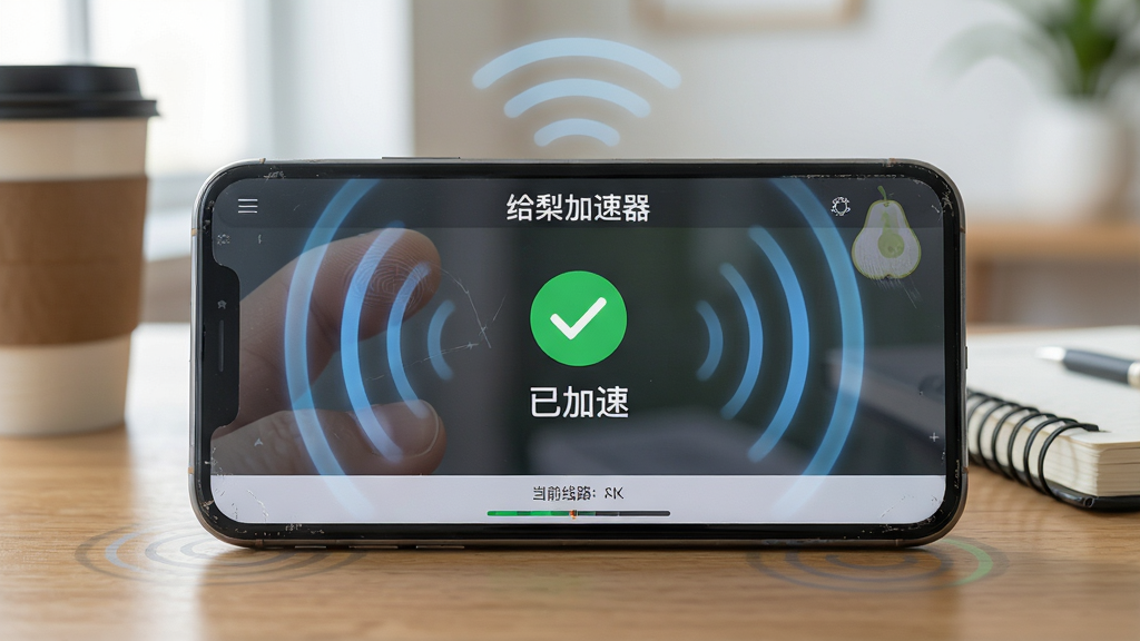 主体:一部手机正在运行给梨加速器,屏幕上显示加速成功的状态,周围有网络信号波纹扩散。 布局:手机横屏放置在桌面上,屏幕内容清晰可见,背景为简洁的室内环境。 排版:屏幕内显示“给梨加速器”主界面,中央有绿色对勾与“已加速”字样,底部显示当前线路。 风格:写实风格,光线明亮,色彩自然。 细节:手机边框有磨损痕迹,屏幕上有手指点击的痕迹,桌面有咖啡杯与笔记本。 画质:高清,景深效果,干净,无多余元素。
