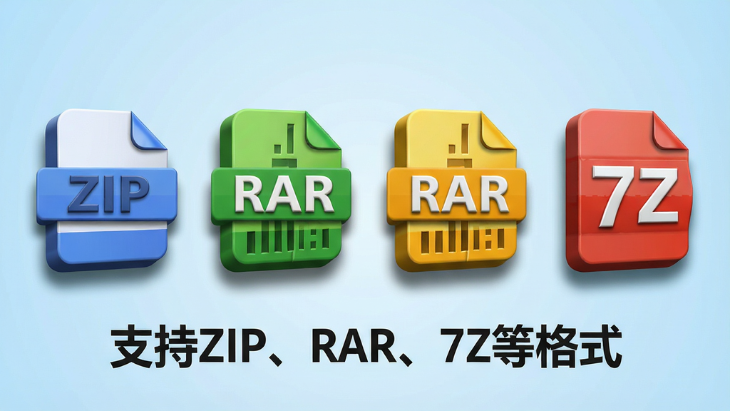 主体:一张展示多种压缩包格式图标(ZIP、RAR、7Z)的图片,每个图标上都有对应的格式名称标签。布局:四个图标均匀排列在画面中央,背景为淡蓝色渐变。排版:图标下方配有文字说明“支持ZIP、RAR、7Z等格式”。风格:3D立体图标风格,色彩鲜明。细节:每个图标都有阴影效果,整体视觉层次丰富。画质:高清,干净,无多余元素。