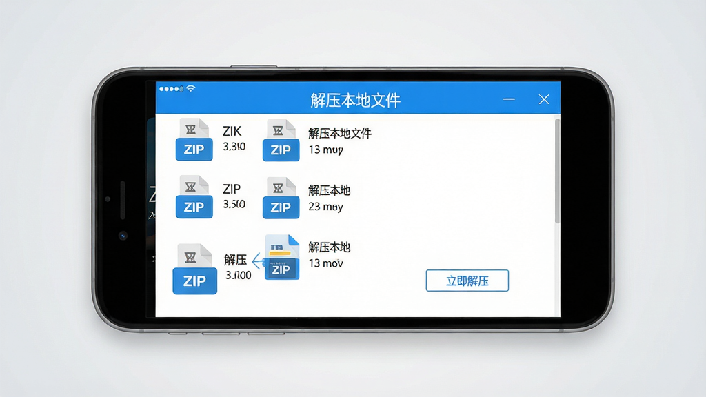 主体:“解压本地文件”软件的主界面展示,手机屏幕中央显示多个压缩包图标,界面简洁清爽。布局:手机居中,背景为浅灰色渐变,屏幕内清晰显示“解压本地文件”字样与几个ZIP文件缩略图。排版:手机屏幕内列表式排列文件名称与大小。风格:现代扁平化UI设计,色彩明快,蓝色主色调。细节:屏幕上方有状态栏,底部有“立即解压”按钮。画质:高清,干净,无多余元素。
