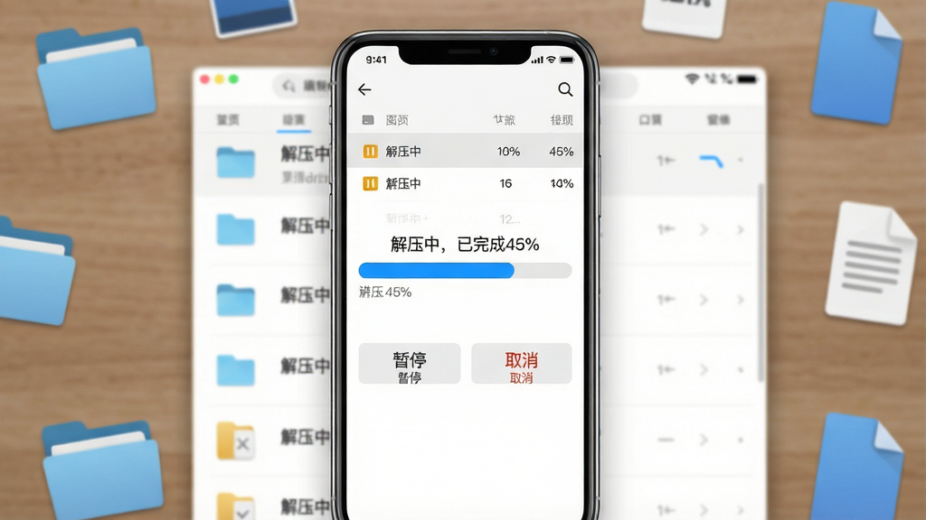 主体:手机屏幕展示解压进度条,进度条显示“解压中,已完成45%”,背景为文件列表。布局:手机屏幕居中,周围有文件夹图标和文件图标散落。排版:进度条位于屏幕中央,下方有“暂停”和“取消”按钮。风格:写实风格,UI清晰。细节:进度条颜色为蓝色,背景为白色,文字清晰。画质:高清,干净,无多余元素。