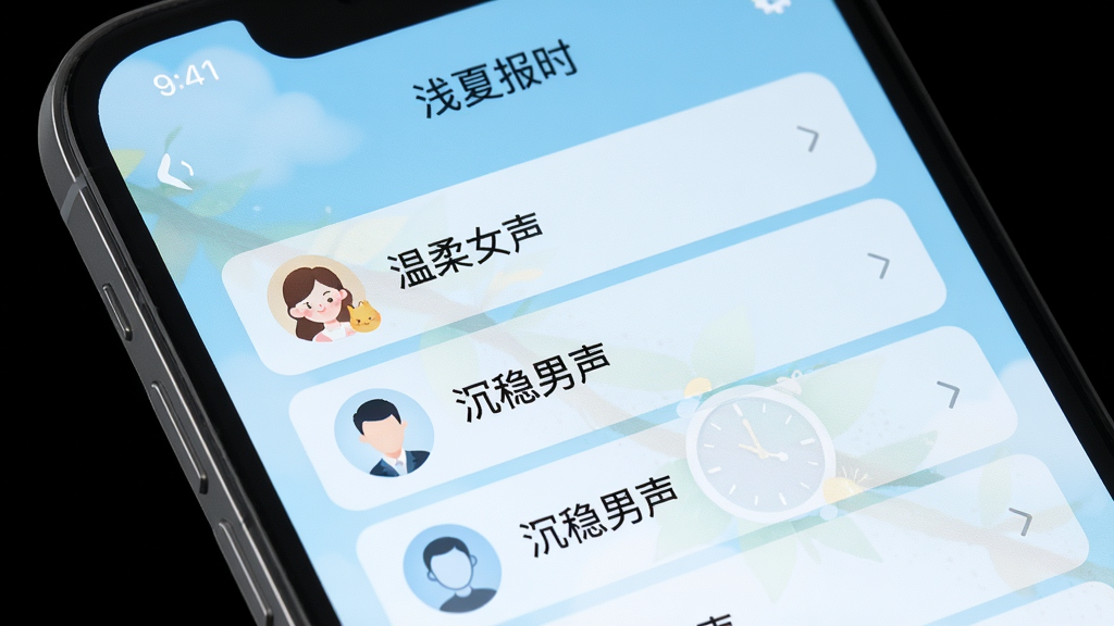 一幅手机界面特写,屏幕显示“浅夏报时”语音设置页,列出多种语音包名称,如“温柔女声”“沉稳男声”,背景为浅蓝色渐变,界面干净清爽,画质清晰,无多余元素,文字标注“浅夏报时”