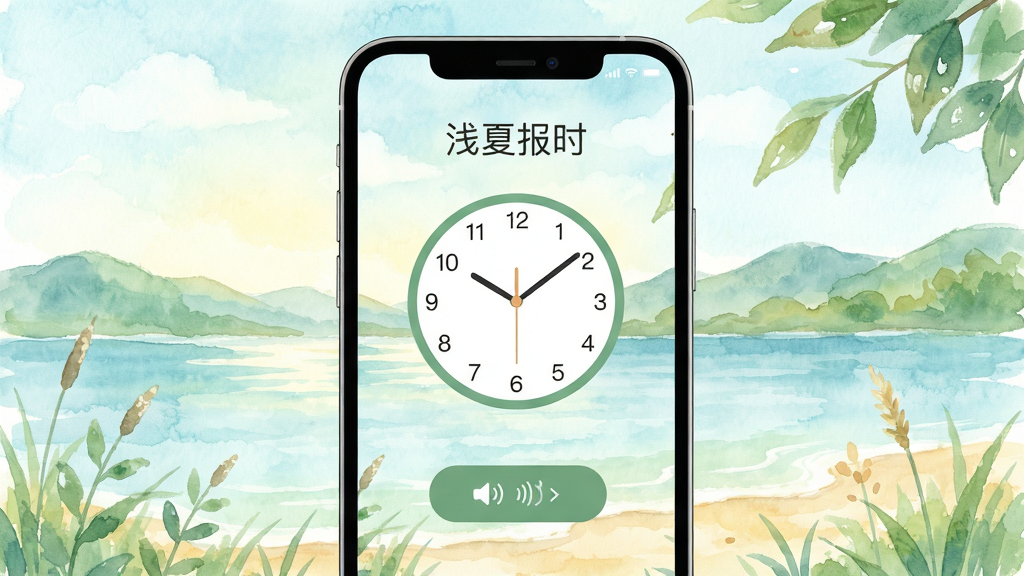 一幅展示智能手机屏幕的插画,屏幕中央显示“浅夏报时”应用界面,界面简洁清爽,有圆形时钟表盘和语音播报按钮,背景是淡雅的水彩夏日风景,整体风格清新自然,画质干净,无多余元素,文字标注“浅夏报时”
