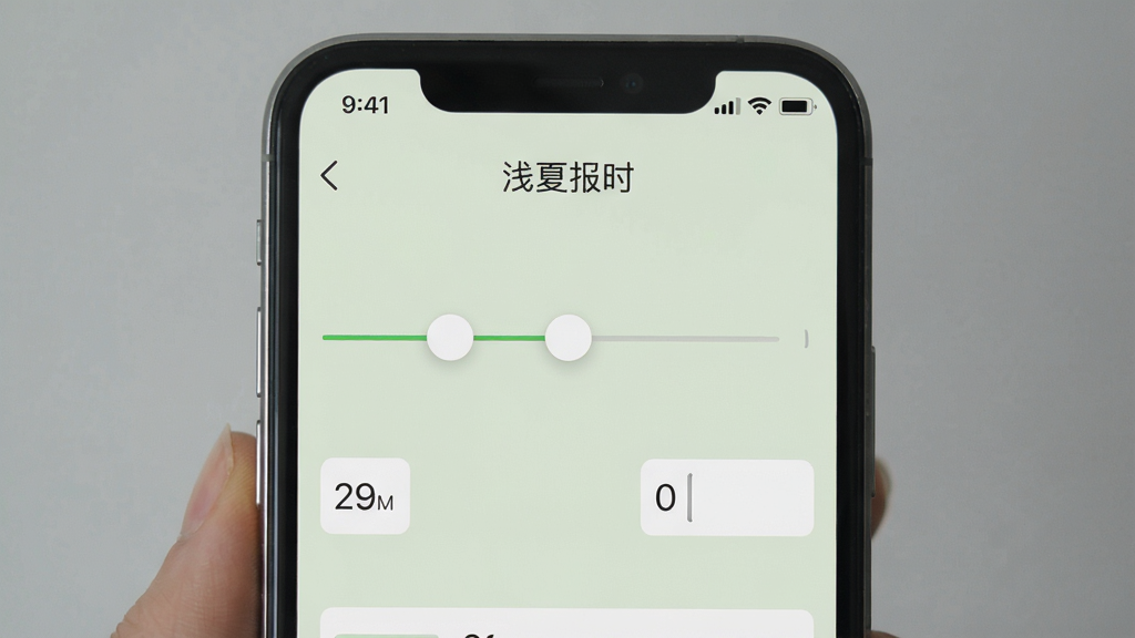 一幅手机截图,显示“浅夏报时”的时间间隔设置界面,有滑块和数字输入框,背景为淡绿色,风格简约,画质干净,无多余元素,文字标注“浅夏报时”