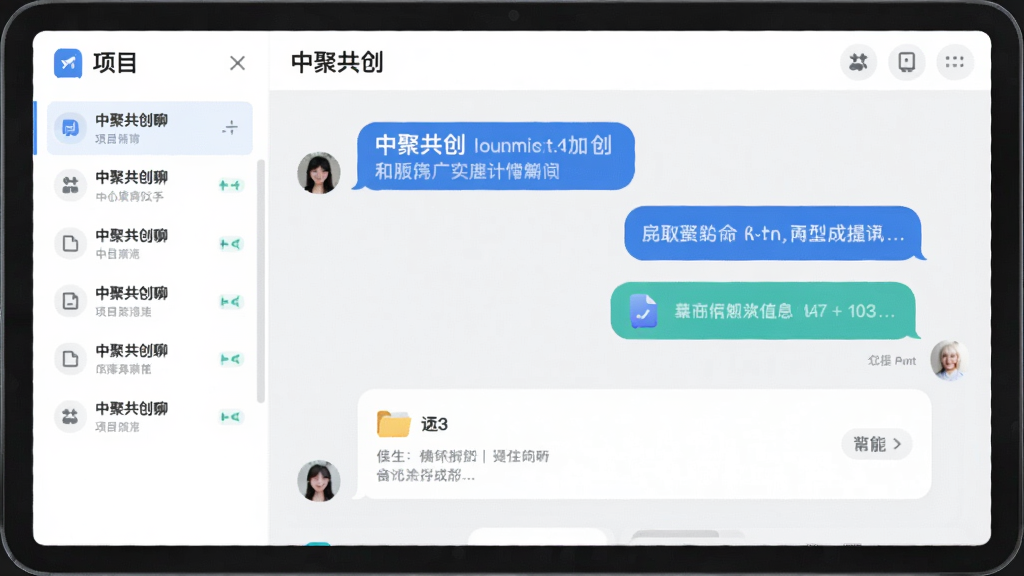 中聚共创聊天界面,显示对话气泡和文件附件,侧边栏展示项目列表,整体风格简洁友好,界面明亮,画质清晰,无多余元素