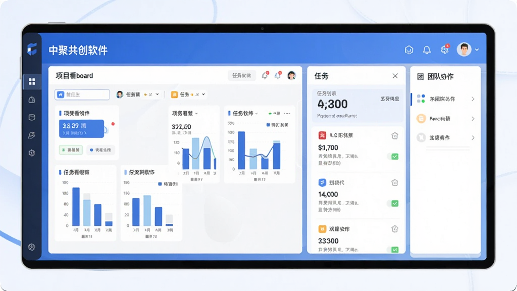 中聚共创软件主界面,展示项目看板、任务列表和团队协作功能,现代扁平化设计风格,布局清晰,色彩以蓝色和白色为主,界面干净整洁,画质高清,无多余元素