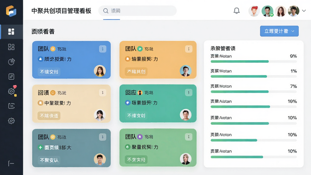 中聚共创项目管理看板界面,展示多个任务卡片和进度条,团队头像标注负责人,界面采用卡片式布局,色彩清新,画质细腻,无多余元素
