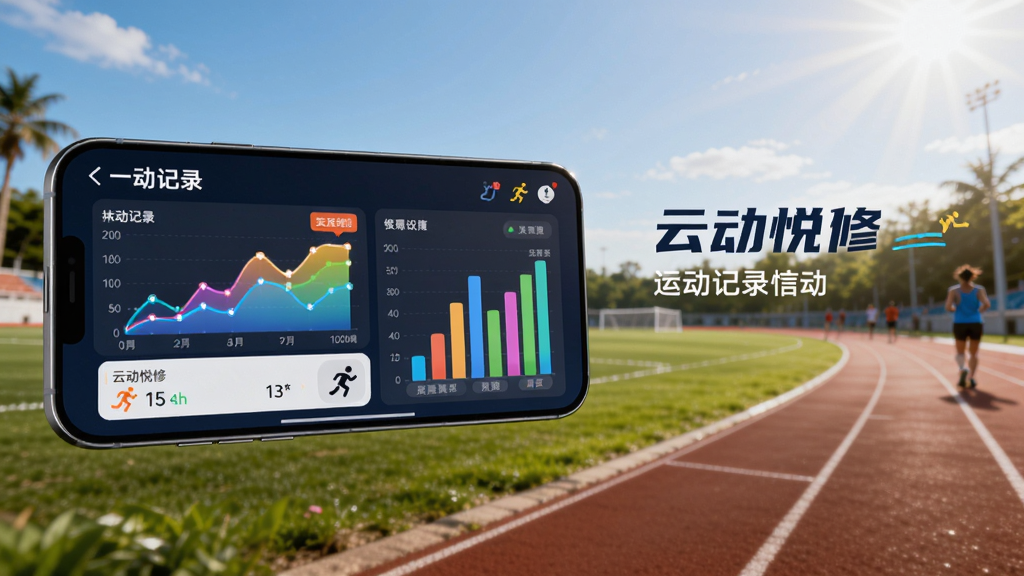 主体为智能手机横屏展示“云动悦修”运动记录页面,屏幕上显示折线图与柱状图,图表颜色亮丽,背景为户外运动场景,阳光明媚,草坪与跑道清晰可见。布局采用左侧手机右侧文字说明的排版,整体风格为动感活力风,细节包括手机屏幕上的数据标签与运动图标,画质清晰,无多余元素。