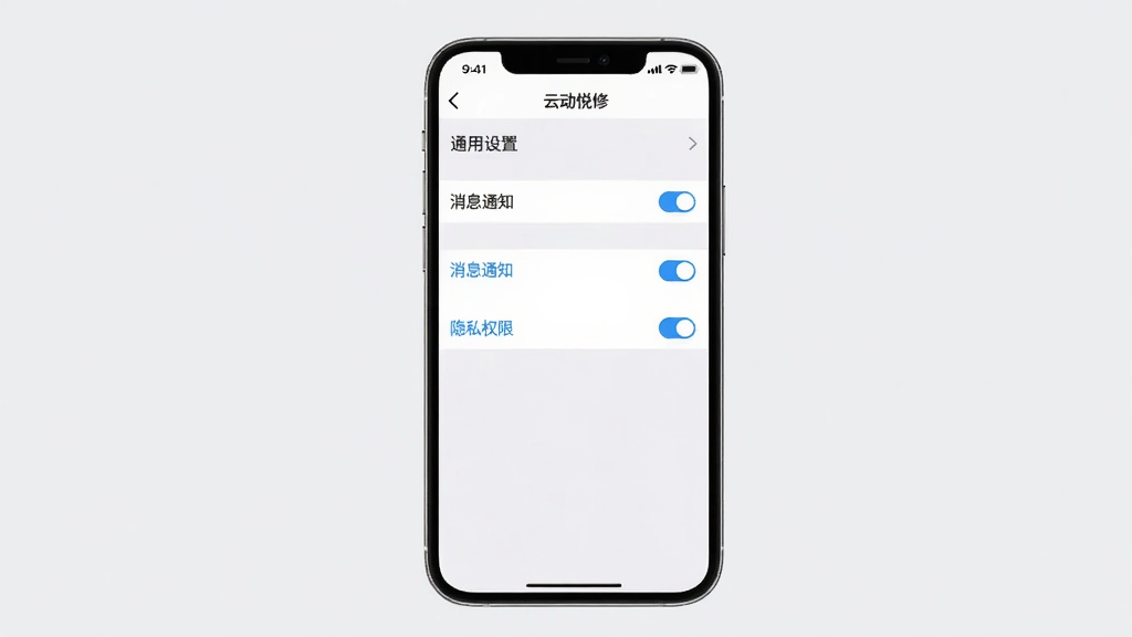 主体为手机截图展示“云动悦修”设置页面,背景为纯色浅灰,屏幕中显示“通用设置”、“消息通知”、“隐私权限”等菜单项。布局为手机居中,四周留白,风格为简洁干净,细节包括每个菜单项右侧的开关与箭头图标,画质清晰,无多余元素。