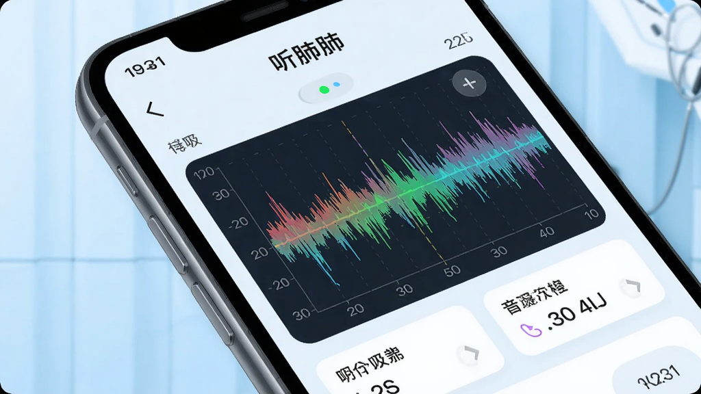 手机屏幕特写,显示“听肺肺”应用的呼吸音分析界面,有彩色波形图和标注数据,背景为浅蓝色医疗风格,干净整洁,突出科技感与专业性,画质清晰,无多余元素