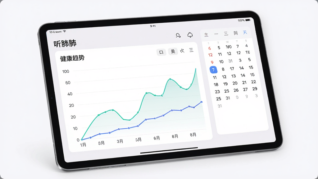 平板电脑展示“听肺肺”应用的健康趋势图表界面,折线图显示多日数据变化,旁边有日历标记,整体风格简约现代,浅色背景,画面明亮清晰,无多余元素