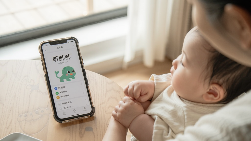 一个家长抱着婴幼儿,手机放在旁边显示“听肺肺”检测成功界面,画面温暖,室内自然光线,侧重操作指引,干净清晰,无多余元素
