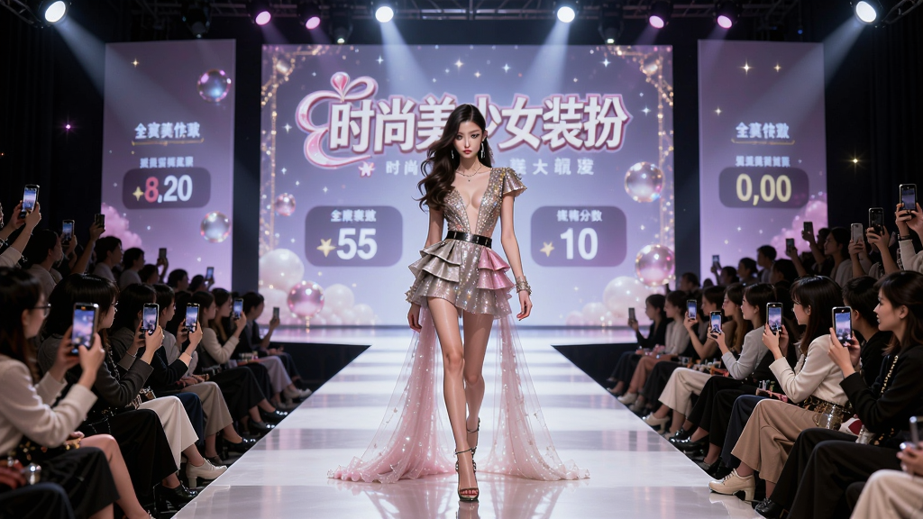 ��������һ����������̨��һλʱ������Ůģ���������㣬̨�����ڶ���ھ����ֻ����ա���̨��������Ļ����ʾ�š�ʱ������Ůװ�硱��logo�ͷ��������ֲ���͸�ӹ�ͼ����̨λ�����ģ�����ϯ����ֲ����Ű��ϣ�ģ����̬ͻ�����ƹ�Ч��Ѥ�������Ϊ�λõ���̨�磬ϸ����ģ�ط�װ���������ڱ������������ʸ��塢�ɾ����޶���Ԫ�ء�