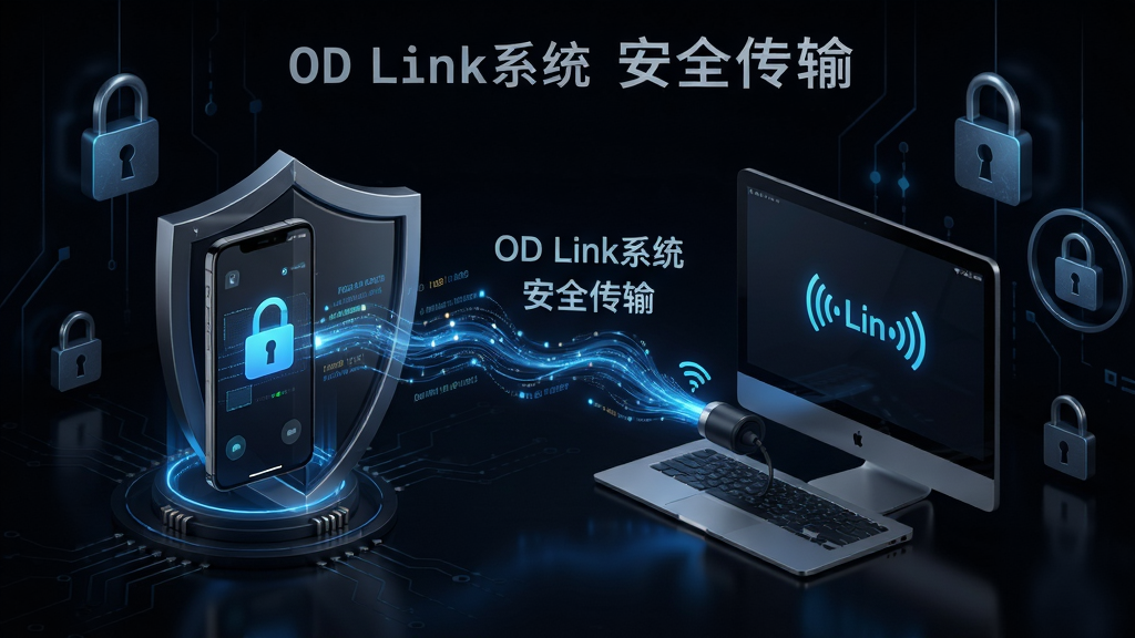 OD Link系统安全防护功能展示图,画面中一个盾牌图标保护着手机与电脑之间的数据流,背景为暗色科技风格,有锁形和加密符号点缀,标注“OD Link系统 安全传输”,布局稳重,风格专业,细节精致,画质清晰