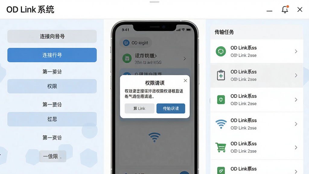 OD Link系统移动端操作界面截图,展示连接向导步骤、权限请求弹窗和传输任务列表,背景为浅色系,布局清晰,文字标注“OD Link系统”名称,风格简约,细节真实,画质干净