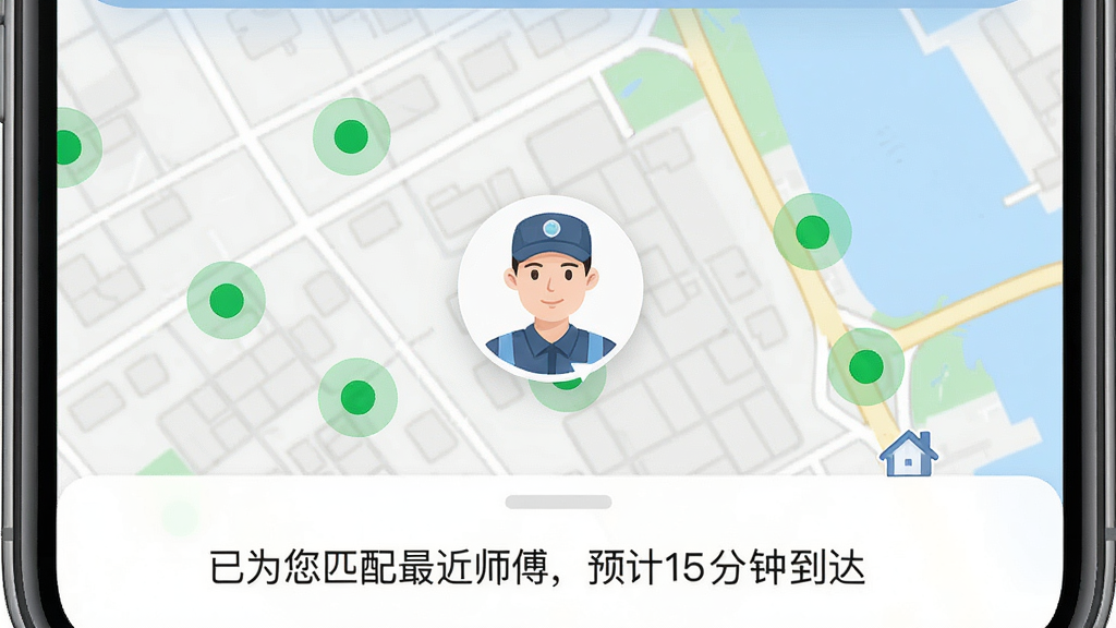 一张展示地图定位与师傅头像的APP截图,地图上有多个绿色小点代表附近师傅,底部显示“已为您匹配最近师傅,预计15分钟到达”的字样,界面清爽,突出“掌心到家”名称,画质高清,无多余元素。