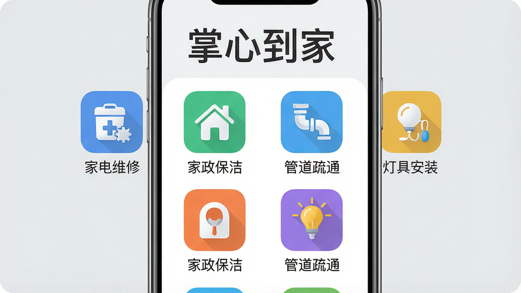 一张展示手机APP界面的图片,屏幕上整齐排列着“家电维修”、“家政保洁”、“管道疏通”、“灯具安装”等多个彩色图标,界面简洁现代,背景为浅灰色,突出“掌心到家”的软件名称,画质清晰干净,无多余元素。