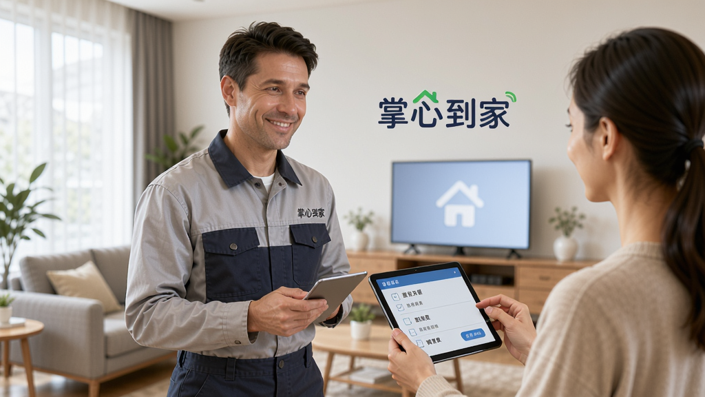 一张展示现代家庭客厅场景的图片,一位穿着整洁工装的师傅正在微笑着用平板电脑与用户确认服务项目,背景是温馨明亮的家居环境,画面清晰干净,突出“掌心到家”的品牌名称,整体风格写实、明亮、无多余元素。