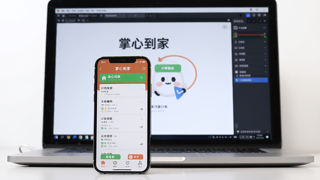 一张展示手机与电脑并排摆放的图片,手机屏幕显示掌心到家APP的订单详情,电脑屏幕显示模拟器界面,背景简洁明亮,突出“掌心到家”字样,画质清晰,无多余元素。