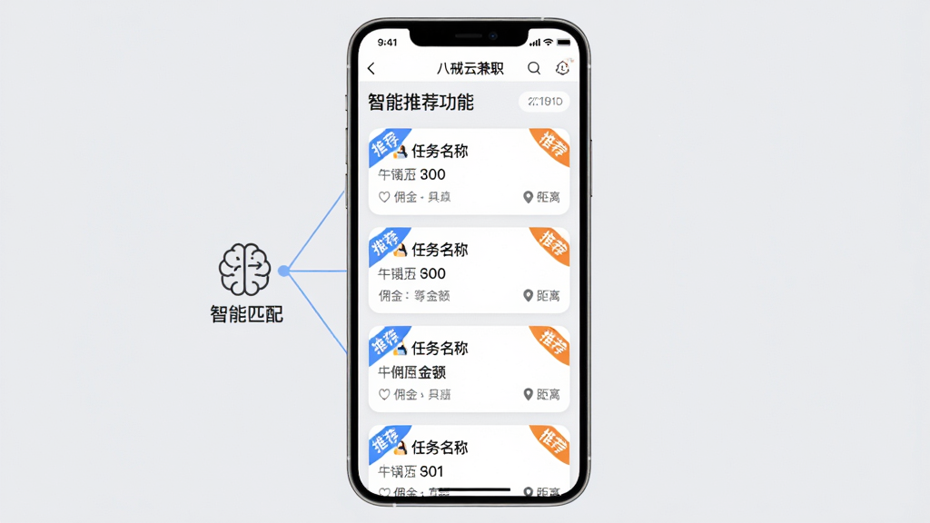 主体为手机APP“八戒云兼职”的“智能推荐”功能界面,屏幕上展示一行行任务卡片,每张卡片上带有“推荐”角标。布局采用列表式排版,卡片垂直排列,清晰展示任务名称、佣金金额和距离。风格为干净清爽的UI设计,背景为浅灰色,卡片为白色圆角矩形。细节上突出“智能匹配”字样,以及一个类似大脑的图标连接着任务卡片。画质通透,干净,无多余元素。