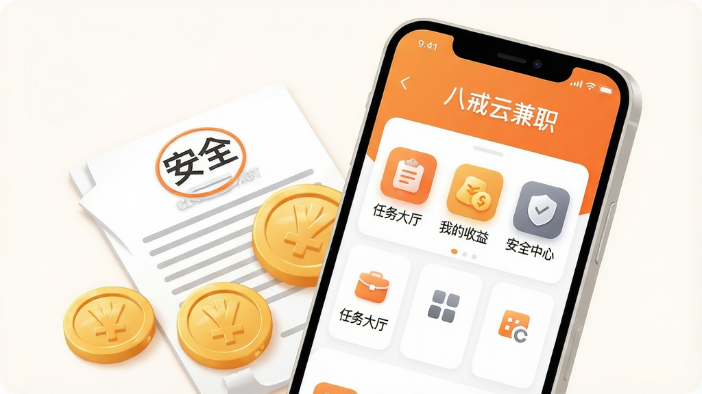 主体为一部亮着屏幕的智能手机,屏幕上显示“八戒云兼职”APP主界面,界面中有“任务大厅”、“我的收益”、“安全中心”等清晰图标,手机旁边摆放着几枚金币和一张合约文件。布局采用居中构图,手机位于画面中央偏右,金币与文件点缀左侧。排版简洁明快,突出APP名称与功能模块。风格为现代扁平插画结合轻微3D质感,色彩以橙色和白色为主色调。细节上手机屏幕里的文字清晰可读,金币带有光泽,文件上印有“安全”字样。画质高清,干净,无多余元素。