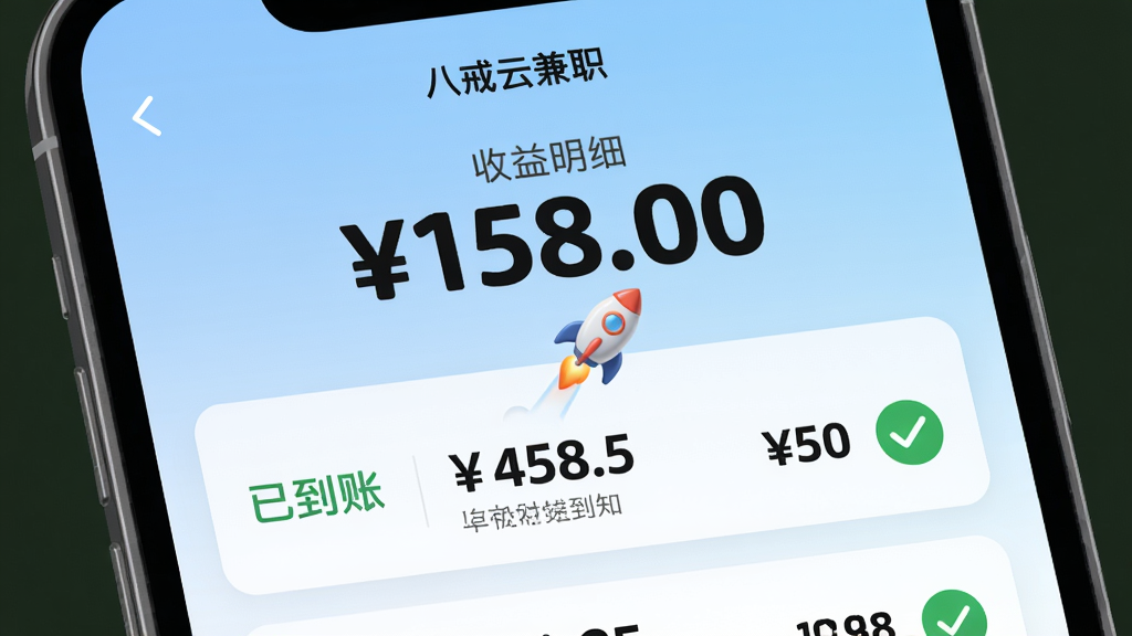 主体为“八戒云兼职”APP的“收益明细”页面,屏幕上显示一条条收入记录,最新一条标注“已到账”,并有一个绿色的对勾图标。布局采用卡片式设计,顶部有醒目的大字金额“158.00”。风格为简洁的财务软件风格,背景为浅蓝色渐变,货币符号和数字采用加粗圆体。细节上有一个小火箭图标从屏幕下方飞向金额数字,寓意极速到账。画质高清,干净,无多余元素。