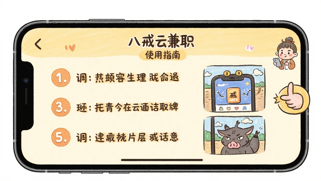 主体为智能手机横屏展示“八戒云兼职”APP的“使用指南”页面,屏幕上显示步骤说明文字,旁边有卡通指引图标。布局采用分步图解式排版,左侧为文字步骤,右侧为配图。风格为清新手绘风,背景为淡黄色,文字采用圆润字体。细节上每个步骤前有数字圆圈,圆圈内为橙色数字。画质干净,无多余元素。