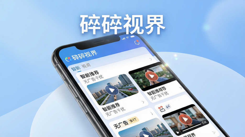 主体:碎碎视界APP的界面展示,手机屏幕占据画面中心,屏幕内呈现分类清晰的信息流卡片,融合新闻、图片、视频等多种元素。布局:手机略微倾斜,背景为柔和的渐变蓝色,突出屏幕内容。排版:信息流卡片错落有致,大标题“碎碎视界”置于手机上方。风格:现代科技感,明亮通透。细节:屏幕中显示“智能推荐”“无广告干扰”等字样,光线反射自然。画质:4K高清,干净,无多余元素。