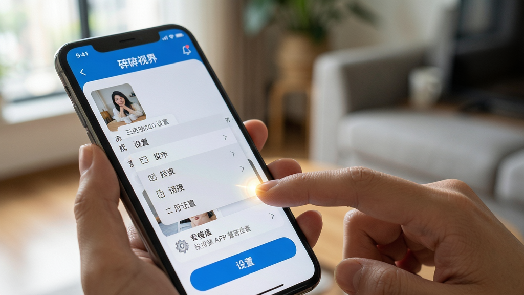 主体:碎碎视界APP的移动端使用场景,手机握在用户手中,屏幕显示信息流与操作按钮。布局:手机特写,背景为模糊的室内环境。排版:屏幕内容清晰可见,有“设置”菜单展开。风格:生活化,真实摄影感。细节:手指点击屏幕,有轻微高光。画质:高清,干净,无多余元素。