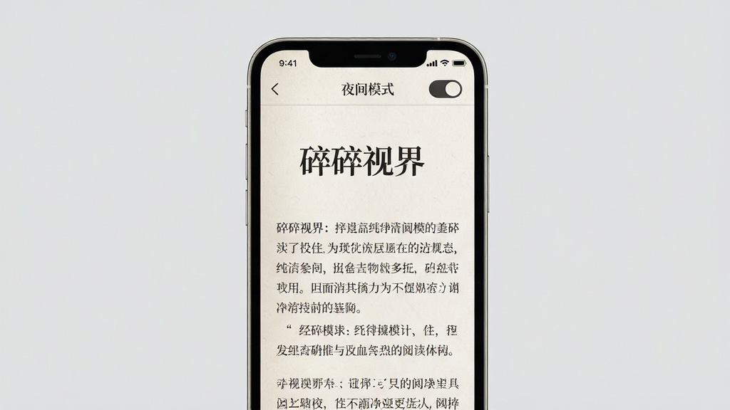 主体:碎碎视界APP的纯净阅读模式界面,手机屏幕上显示一篇无广告干扰的文章,排版精美。布局:手机竖屏居中,背景为浅灰色,突出屏幕内容。排版:文章标题醒目,正文段落清晰,字间距舒适。风格:极简主义,文艺清新。细节:屏幕顶部有“夜间模式”开关,字体为衬线体,纸质书质感。画质:细腻,干净,无多余元素。