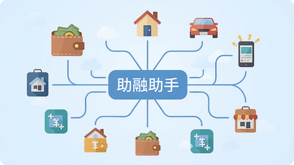 一幅扁平化风格的功能示意图,中心位置有“助融助手”字样,周围环绕着不同的贷款产品图标,通过线条连接到中心,代表智能匹配过程,背景为淡蓝色渐变色,图标用色明快,包括钱包、房屋、汽车、手机等元素,布局清晰有层次,风格简洁现代,画质干净,无多余元素