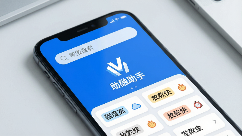 一张智能手机屏幕特写,屏幕中清晰显示“助融助手”APP的首页界面,界面设计简洁现代,以蓝色和白色为主色调,顶部搜索栏醒目,下方排列着多个贷款产品卡片,卡片上有“额度高”、“放款快”等标签,手机背景为干净的浅灰色桌面,整体画面明亮高清,产品logo居中显示,布局规整,风格科技感十足,画质细腻干净,无多余元素