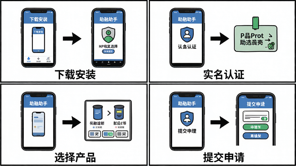 一张分步操作示意图,以四宫格漫画形式展示手机使用“助融助手”的步骤,第一格是下载安装,第二格是实名认证,第三格是选择产品,第四格是提交申请,每格下方有简短文字说明,背景为纯白色,漫画风格清晰明了,画质高清,无多余元素