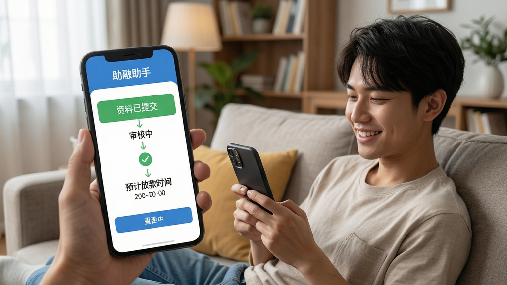 一位年轻人坐在沙发上轻松使用手机,手机屏幕放大展示“助融助手”的申请进度界面,界面显示“资料已提交”、“审核中”、“预计放款时间”等清晰步骤,背景是温馨的客厅环境,人物表情愉悦,画面构图平稳,色彩自然,突出移动端操作的便捷性,画质清晰,无多余元素