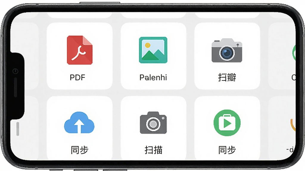 悦瓣手机版多格式导入界面截图,主体为手机屏幕显示导入选项列表,包括PDF、图片、相机扫描等图标,布局采用网格排列,风格扁平化,细节突出云同步图标,画质清晰,干净无多余元素