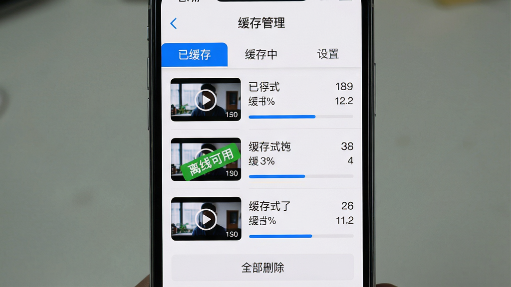 主体:手机屏幕显示“超级有料”缓存管理页面,有“已缓存”、“缓存中”、“设置”三个选项卡。布局:屏幕居中,顶部有返回箭头和“缓存管理”标题,下方列表展示视频缩略图和进度条。排版:列表式布局,每行一个视频缩略图,右侧显示缓存状态和大小。风格:写实界面截图风格,色彩以白色和蓝色为主,简洁明了。细节:其中一个视频缩略图上有“离线可用”绿色标签,底部有“全部删除”按钮。画质:高清,干净,无多余元素。