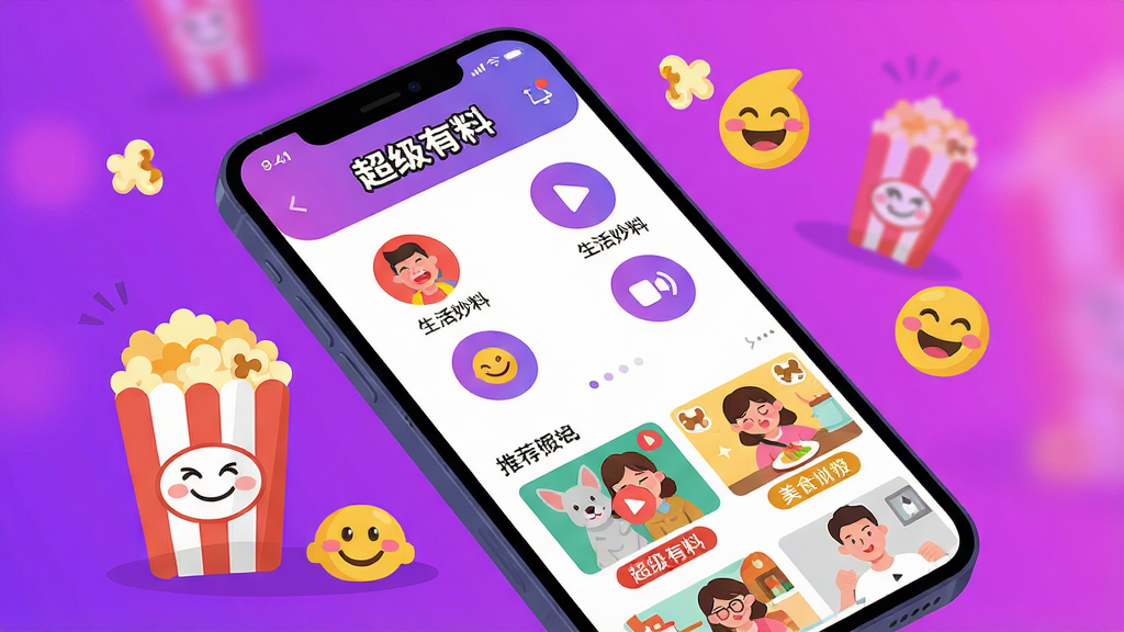 主体:手机屏幕展示“超级有料”APP界面,屏幕内播放搞笑短视频,周围有爆米花、笑脸等元素点缀。布局:居中构图,手机斜放45度,屏幕内容清晰可见,背景为明亮的渐变紫色。排版:简洁现代,APP界面圆形按钮排列整齐,下方有推荐视频缩略图。风格:扁平化插画风,色彩鲜艳活泼,突出轻松娱乐氛围。细节:屏幕中显示“超级有料”品牌标识,视频缩略图包含生活妙招、搞笑动物、美食制作等分类标签。画质:高清渲染,干净,无多余元素。
