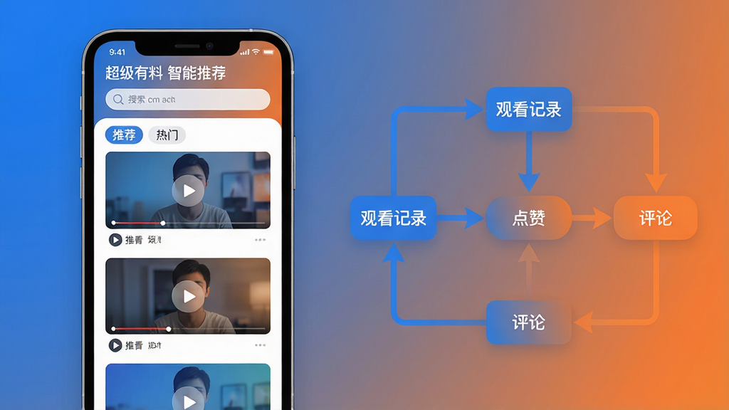 主体:手机界面展示“超级有料”智能推荐页面,顶部搜索栏,下方瀑布流视频卡片。布局:左图右文排版,左侧为手机屏幕示意图,右侧为推荐算法流程图。排版:清晰分栏,左侧手机屏幕内视频卡片呈错落排列,右侧流程图用箭头连接用户行为与推荐结果。风格:科技感插画,蓝色与橙色渐变,扁平化设计。细节:手机屏幕中标注“推荐”和“热门”标签,视频卡片封面带有播放按钮,流程图节点包含“观看记录”、“点赞”、“评论”等关键词。画质:高清,干净,无多余元素。