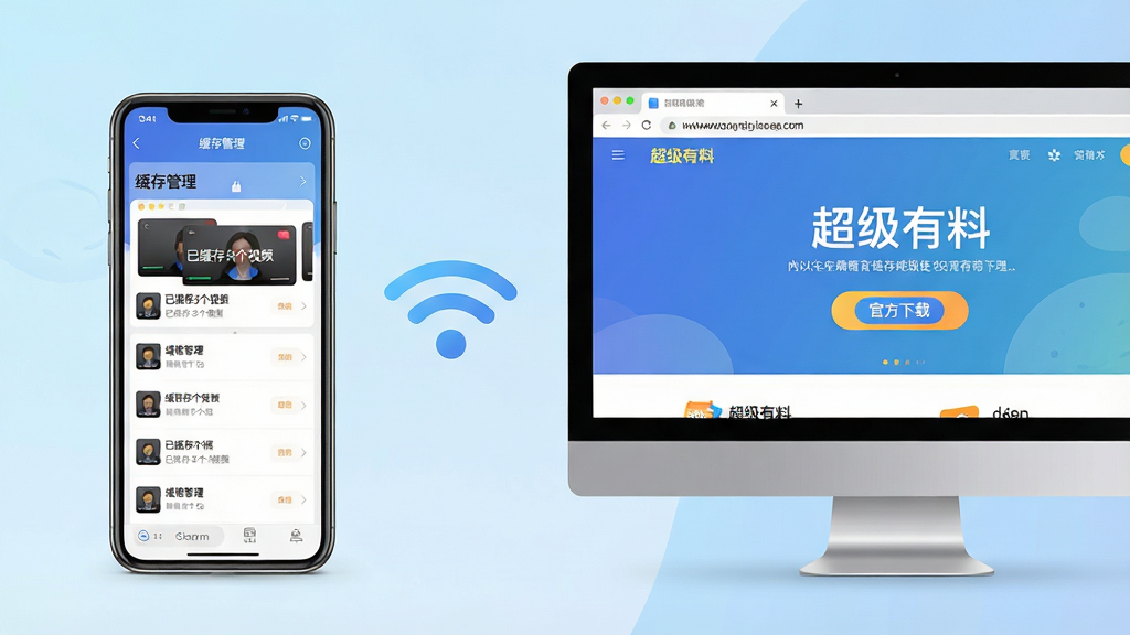 主体:手机和电脑并排展示“超级有料”应用使用场景,手机屏幕显示缓存管理界面,电脑屏幕显示官网下载页面。布局:左右对称,手机在左,电脑在右,中间有WiFi图标连接。排版:手机界面清晰展示“缓存管理”列表,电脑屏幕有“官方下载”按钮。风格:写实与插画结合,背景为浅蓝色渐变。细节:手机屏幕中有“已缓存3个视频”字样,电脑屏幕地址栏显示官网域名。画质:高清,干净,无多余元素。