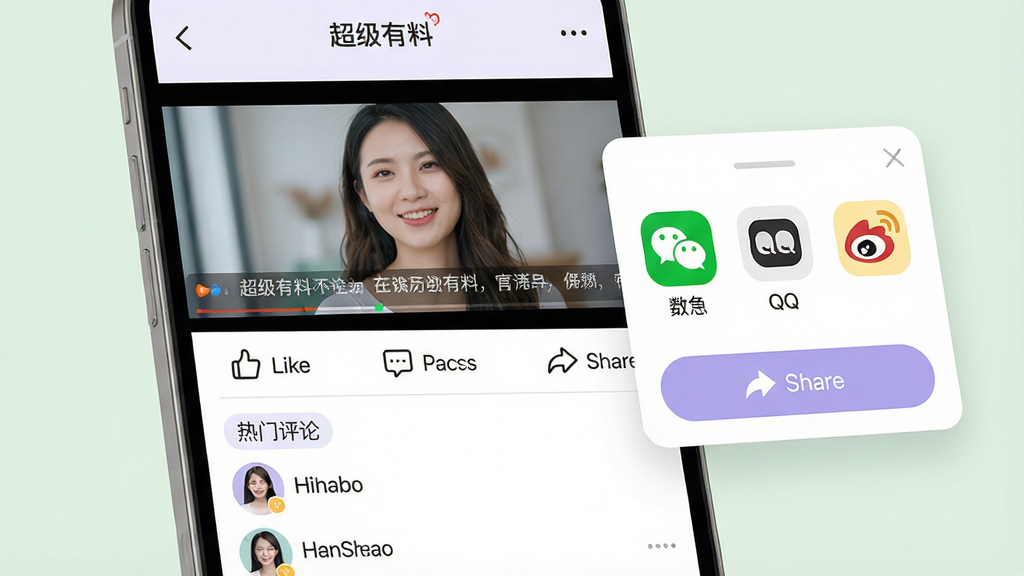 主体:手机屏幕展示“超级有料”视频播放页,下方有评论区和分享按钮。布局:视频占据屏幕上半部分,下方依次是点赞、评论、分享图标,评论区显示好友头像和昵称。排版:左侧视频画面,右侧悬浮分享面板,包含微信、QQ、微博等图标。风格:扁平化界面设计,色彩清新,以白色和淡紫色为主。细节:视频画面中有一行弹幕飘过,评论区顶部有“热门评论”标签。画质:高清,干净,无多余元素。