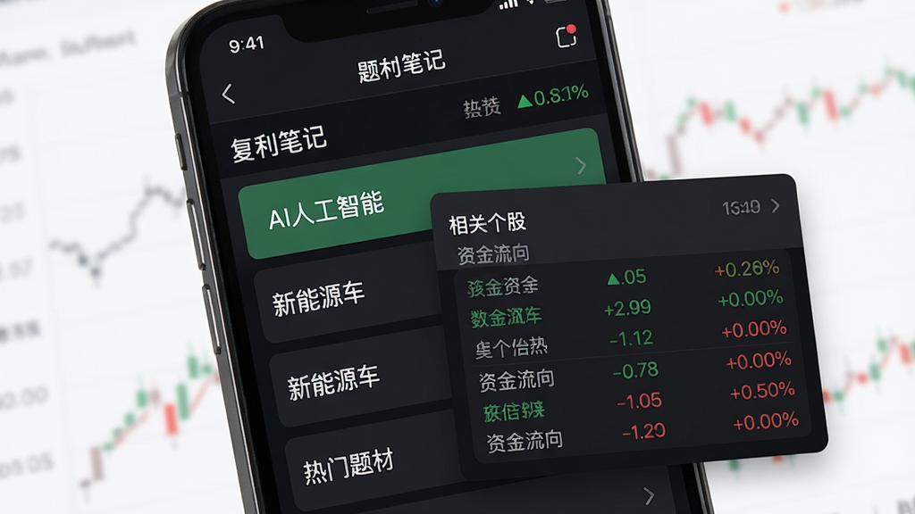 手机应用界面展示,屏幕显示“复利笔记”的题材数据库模块,列表形式展示“AI人工智能”、“新能源车”等热门题材,点击某题材后弹出相关个股与资金流向数据,背景为深色主题界面,绿色与红色涨跌数据清晰可见,整体风格专业,画质高清,无多余元素