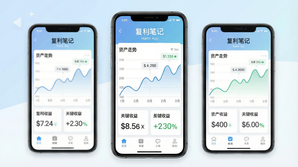 一张现代简约风格的手机应用界面展示图,主体为“复利笔记”APP的首页,屏幕中央显示清晰的资产走势曲线与关键收益数据,顶部有“复利笔记”字样,整体布局干净整洁,背景为淡雅蓝白渐变,扁平化设计风格,细节丰富,画质高清,干净无多余元素