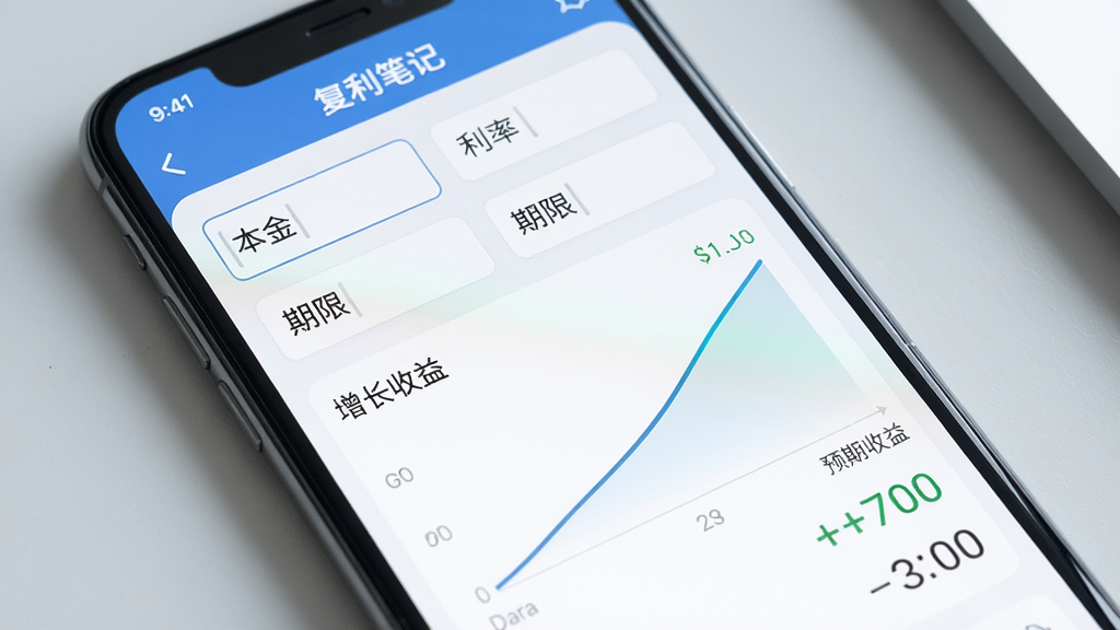 手机屏幕特写,展示“复利笔记”APP的复利计算器功能,界面上有本金、利率、期限输入框,下方动态显示增长曲线与预期收益数字,背景为浅灰色桌面,手机略微倾斜,画面干净明亮,突出数据可视化效果,高清画质,无多余元素
