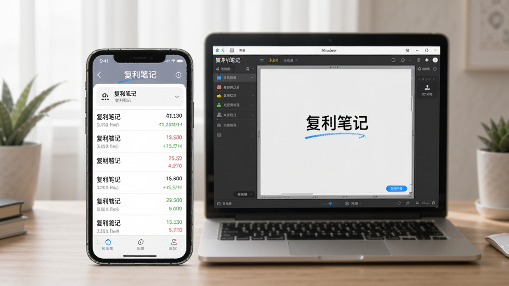 一张手机与电脑并排摆放的照片,手机屏幕显示“复利笔记”的交易记录页面,电脑屏幕显示同款软件的模拟器界面,背景为整洁的书桌,光线柔和,强调跨设备使用场景,画质清晰,无多余元素