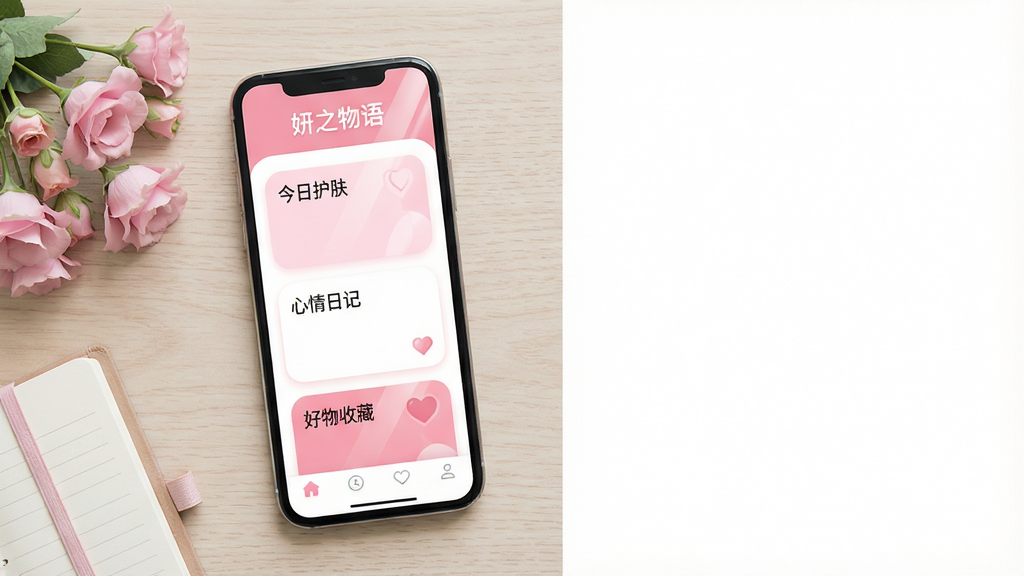 主体:一部亮着屏幕的智能手机,屏幕显示“妍之物语”APP主界面,界面以粉色和白色为主色调,有“今日护肤”、“心情日记”、“好物收藏”三个卡片模块。布局:手机居中偏左,右侧留有空白,整体构图平衡。排版:界面卡片圆角排列,文字清晰。风格:清新、简约、女性化、现代扁平化。细节:手机屏幕有柔和反光,桌面背景为浅色木纹,旁边放有一小束粉色鲜花和一本笔记本。画质:高清、干净、无多余元素。