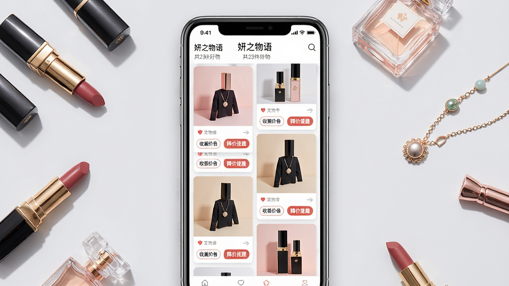 主体:“妍之物语”APP的好物收藏界面,屏幕上以瀑布流形式展示多个商品图片,每个商品下方有“收藏价格”和“降价提醒”按钮。布局:手机屏幕占画面中央,周围散落着口红、香水、小饰品等物品。排版:商品卡片大小不一,错落有致。风格:时尚、明快、电商风格。细节:屏幕上有“妍之物语”字样和“共23件好物”统计,背景为浅灰色。画质:高清、干净、无多余元素。