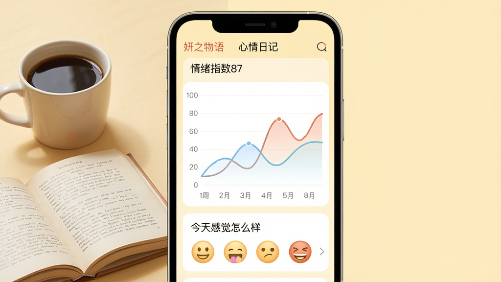 主体:“妍之物语”APP的心情日记界面,屏幕上有一周心情趋势折线图,下方有“今天感觉怎么样”的选项表情图标。布局:手机屏幕居中,左侧有咖啡杯和一本打开的书。排版:图表线条流畅,表情图标横向排列。风格:温馨、治愈、柔和色彩。细节:屏幕上有“妍之物语”字样和“情绪指数87”字样,背景为淡黄色。画质:高清、干净、无多余元素。