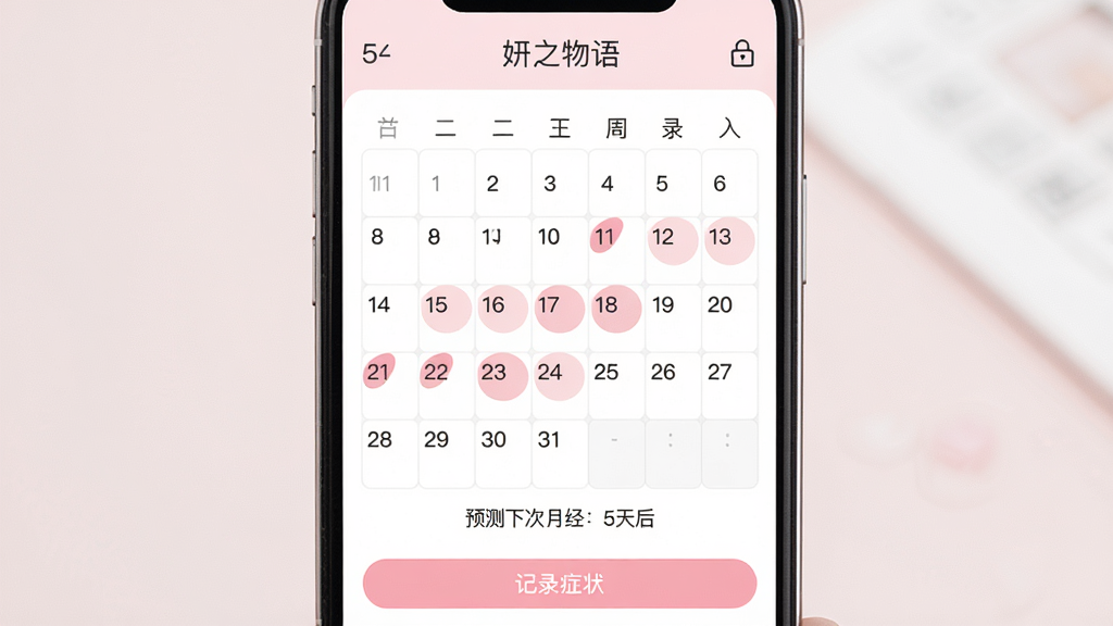 主体:“妍之物语”APP的生理周期记录界面,屏幕上有日历视图,某几天被粉色标记,下方有“预测下次月经:5天后”的文字。布局:手机屏幕居中,背景为淡粉色,右上角有一个小锁图标。排版:日历格子整齐,标记清晰。风格:简洁、柔和、女性化。细节:屏幕上有“妍之物语”字样和“记录症状”按钮,背景为白色。画质:高清、干净、无多余元素。
