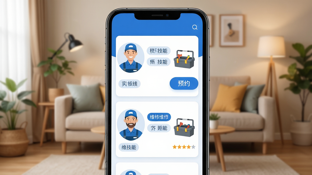 主体:维修师傅同城上门APP界面,展示附近维修师傅列表和预约按钮。布局:手机屏幕居中,上下排列师傅头像、技能标签、距离和评分。排版:界面简洁清晰,师傅信息卡片式排列,颜色以蓝白为主。风格:现代扁平化设计,干净明亮。细节:师傅穿着统一工作服,面带微笑,工具箱整洁,背景为温馨家庭客厅。画质:高清,干净,无多余元素。