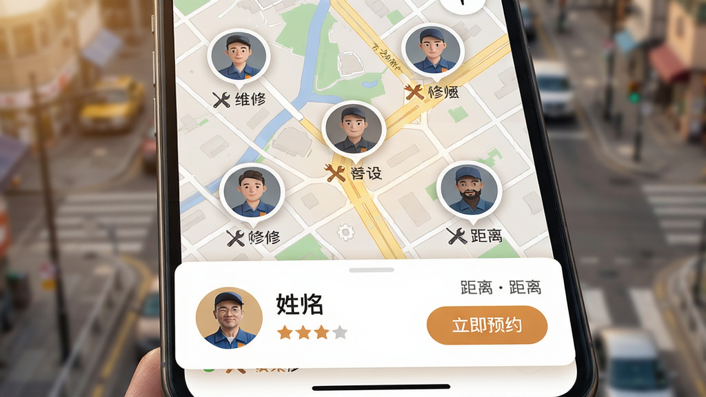 主体:手机地图界面,多个维修师傅头像标记在附近位置,并显示距离。布局:地图占满屏幕,底部弹出推荐师傅卡片,包含姓名、评分、距离。排版:卡片信息条理清晰,地图标记带工具图标。风格:写实结合UI,色调温暖。细节:师傅头像清晰,卡片上有“立即预约”按钮,地图背景为城市街区。画质:高清,干净,无多余元素。